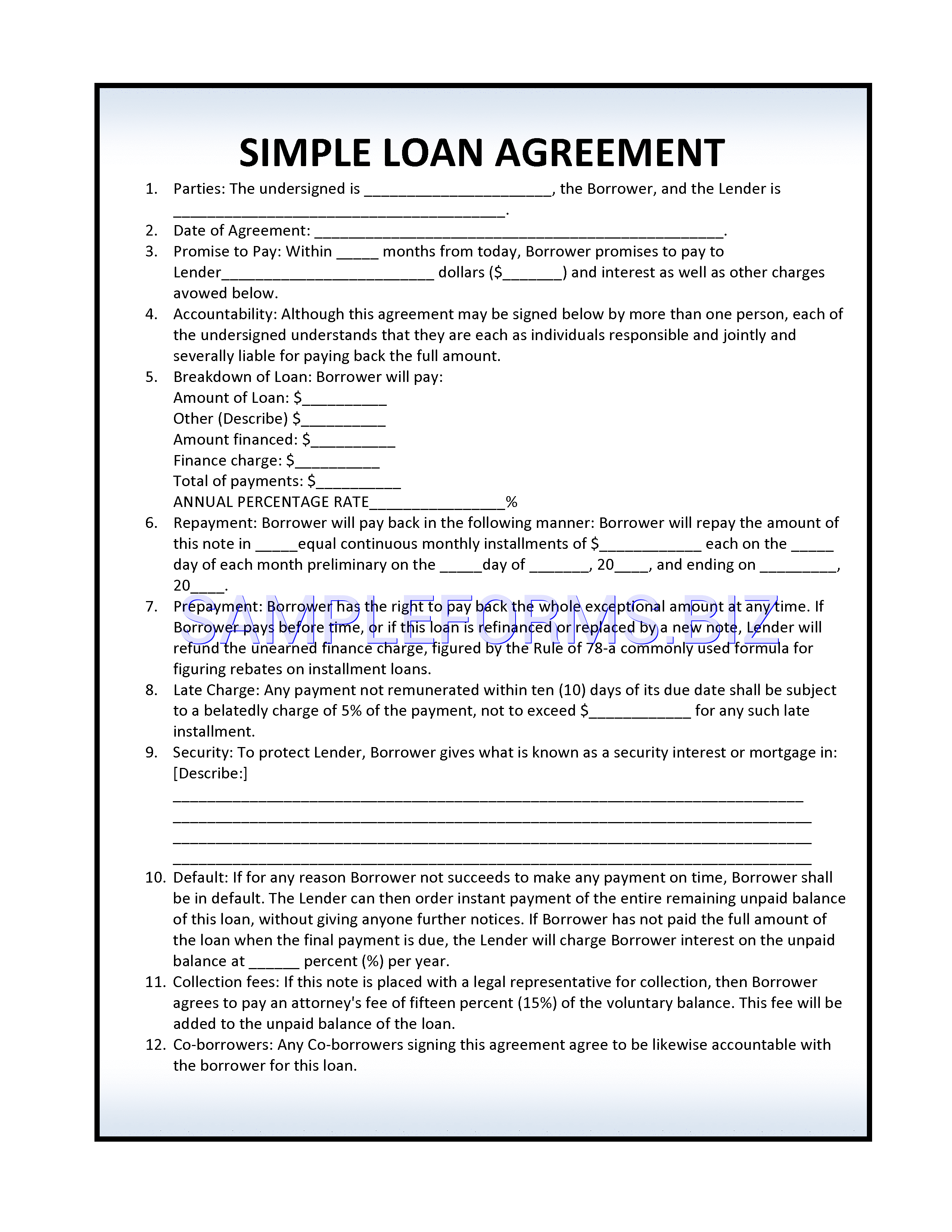 Preview free downloadable Simple Loan Agreement Template 1 in PDF (page 1)